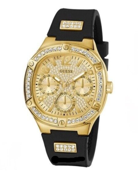 Guess Duchess Crystals Gold Dial Black Silicon Strap Watch For Women - GW0619L2 Buy Now By Guess