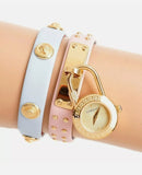 Versace Medusa Lock Icon Quartz Gold Dial Pink & Blue Leather Strap Watch For Women - VEDW00219 Buy Now By Versace