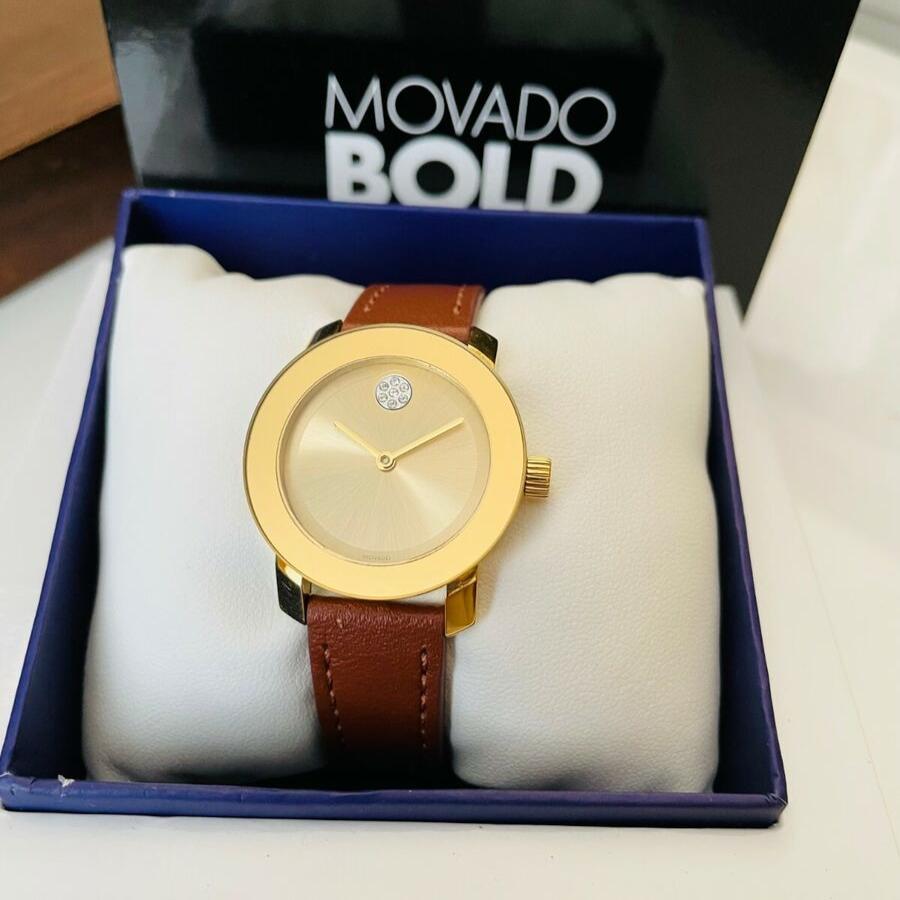 Movado Bold Gold Dial Brown Leather Strap Watch for Women - 3600437 Buy Now By Movado
