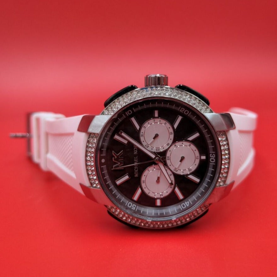 Michael Kors Sidney Multifunction Black Dial White Silicone Strap Watch For Women - MK6947 Buy Now By Michael Kors