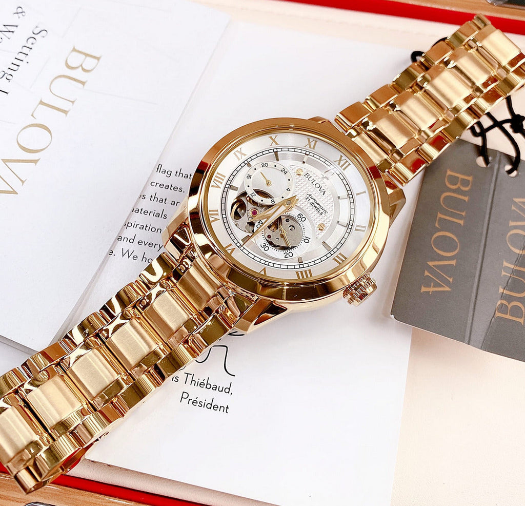 Bulova BVA Skeleton Silver Dial Gold Steel Strap Watch for Men - 97A108 Buy Now By Bulova