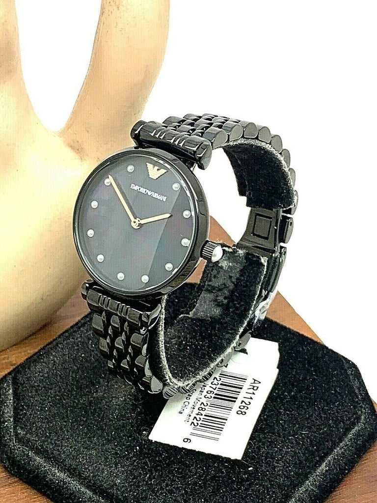 Emporio Armani Gianni T-Bar Quartz Black Mother of Pearl Dial Black Steel Strap Watch For Women - AR11268 Buy Now By Emporio Armani