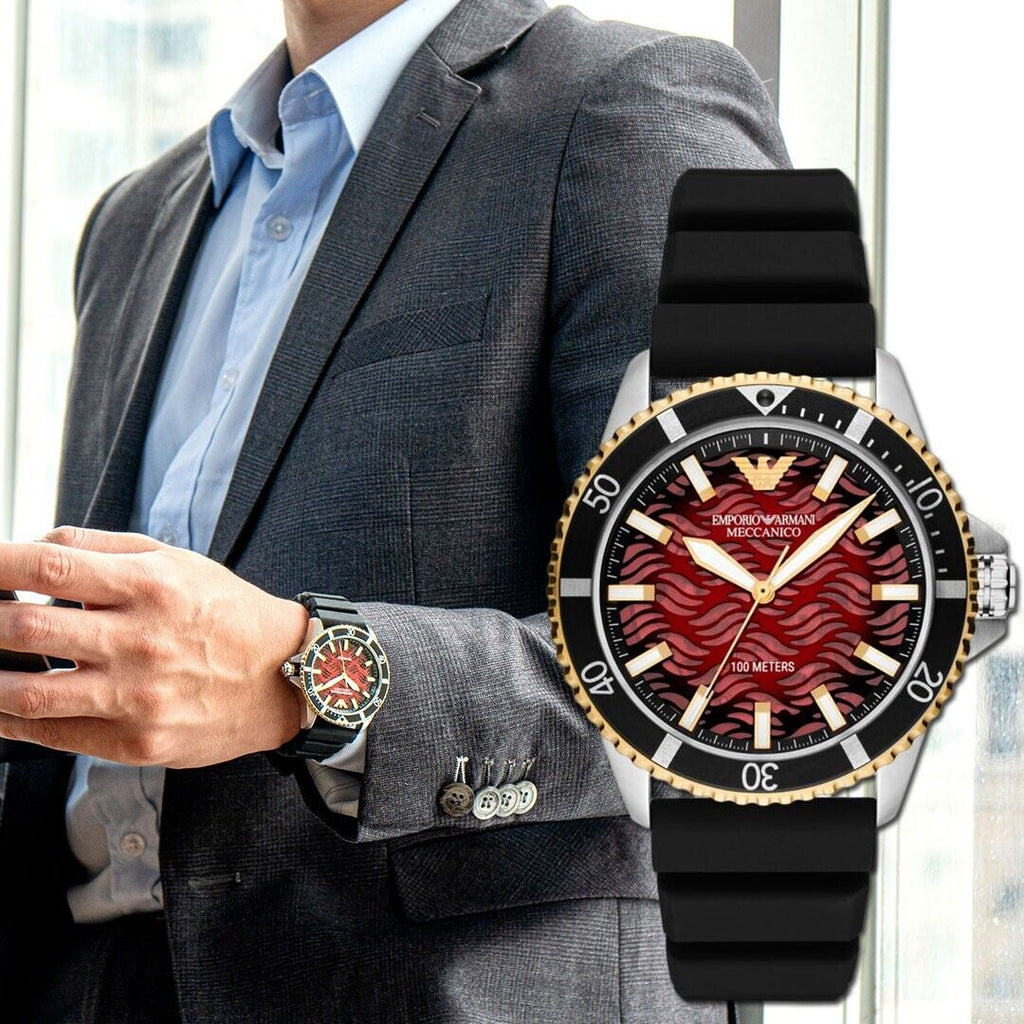 Emporio Armani Meccanico Automatic Red Dial Black Silicon Strap Watch For Men - AR60070 Buy Now By Emporio Armani