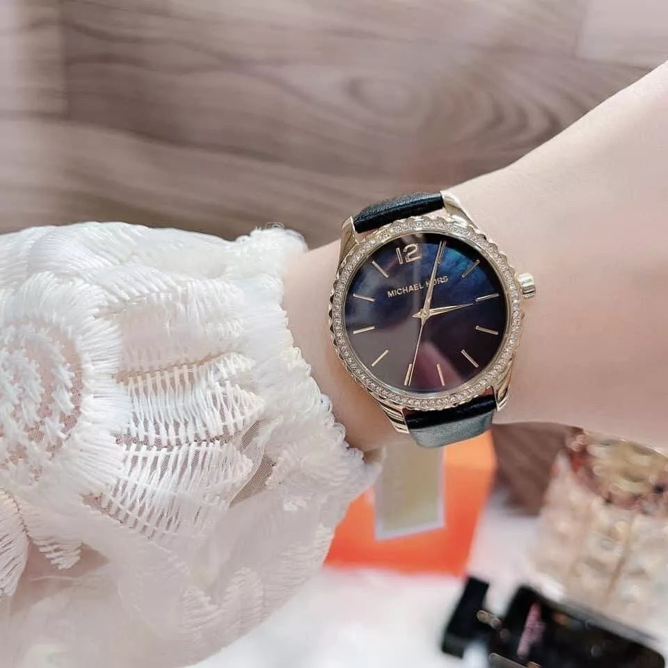 Michael Kors Layton Three Hand Mother of Pearl Black Dial Black Leather Strap Watch For Women - MK2911 Buy Now By Michael Kors