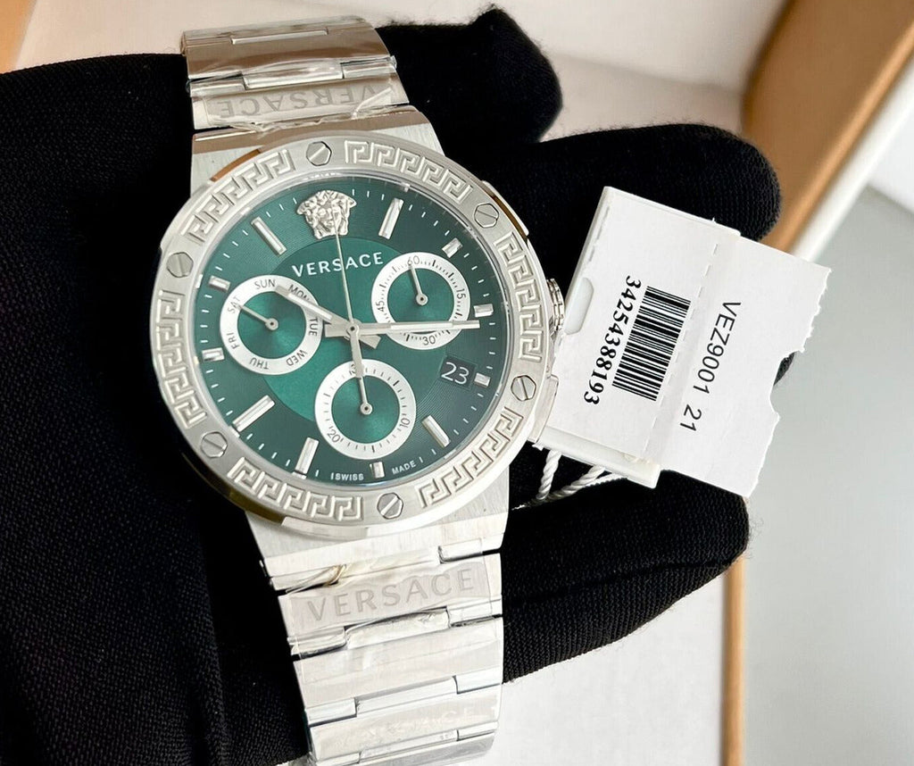 Versace Grace Chronograph Quartz Green Dial Silver Steel Strap Watch For Men - VEZ900121 Buy Now By Versace