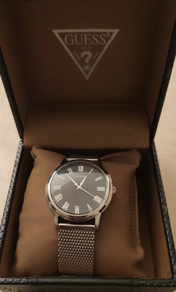 Guess Analog Black Dial Silver Mesh Bracelet Watch for Men - W1263G1 Buy Now By Guess