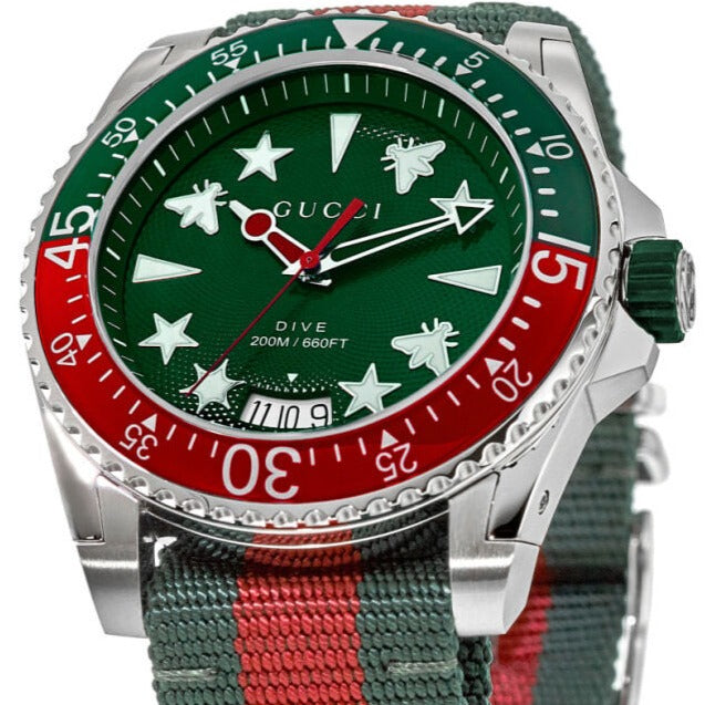 Gucci Dive Quartz Green Dial Two Tone NATO Strap Watch For Men - YA136339 Buy Now By Gucci