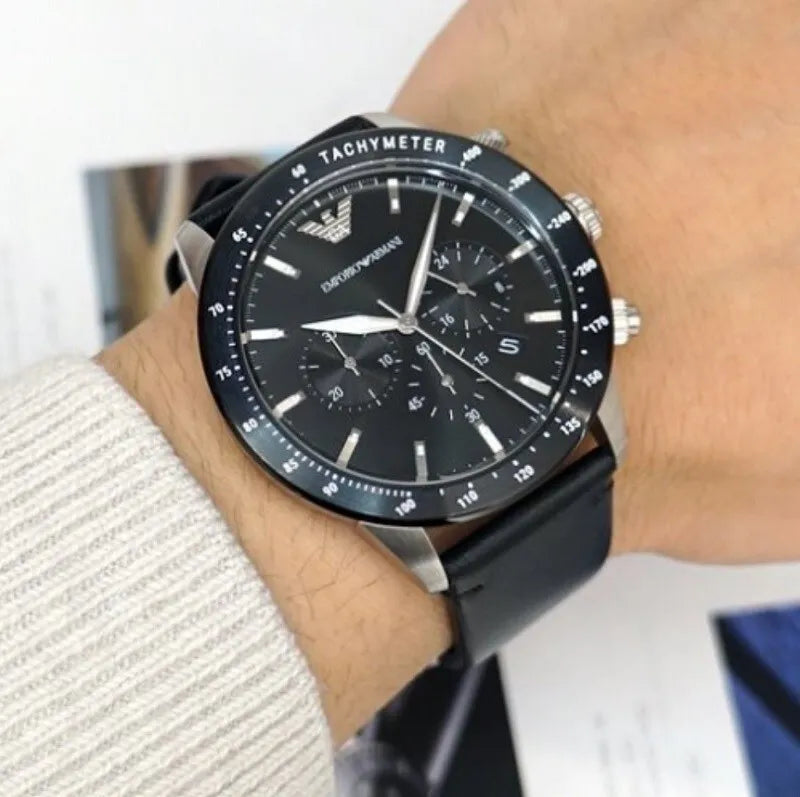 Emporio Armani Mario Chronograph Black Dial Black Leather Strap Watch For Men - AR11243 Buy Now By Emporio Armani