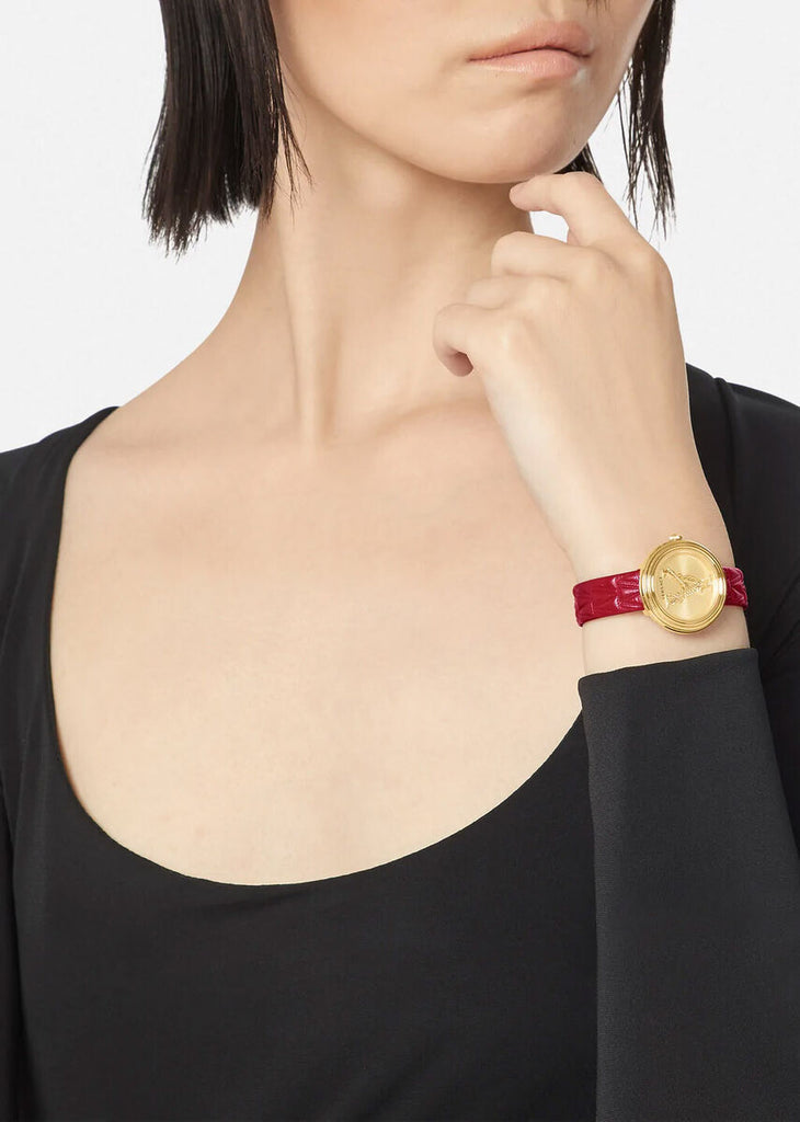 Versace Virtus Mini Quartz Gold Dial Red Leather Strap Watch For Women - VET300521 Buy Now By Versace