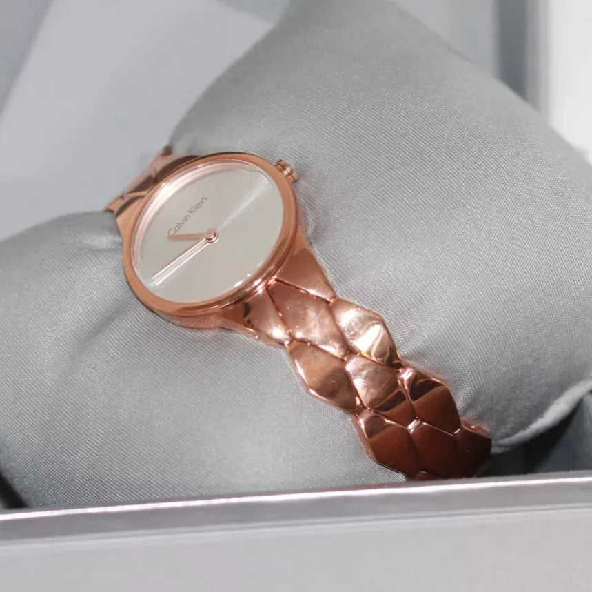 Calvin Klein Snake Silver Dial Rose Gold Steel Strap Watch For Women - K6E23646 Buy Now By Calvin Klein
