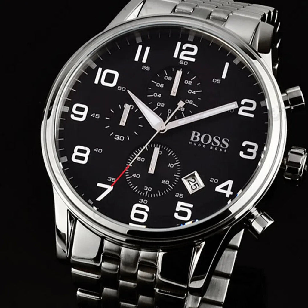 Hugo Boss Aeroliner Chronograph Black Dial Silver Steel Strap Watch For Men - 1512446 Buy Now By Hugo Boss
