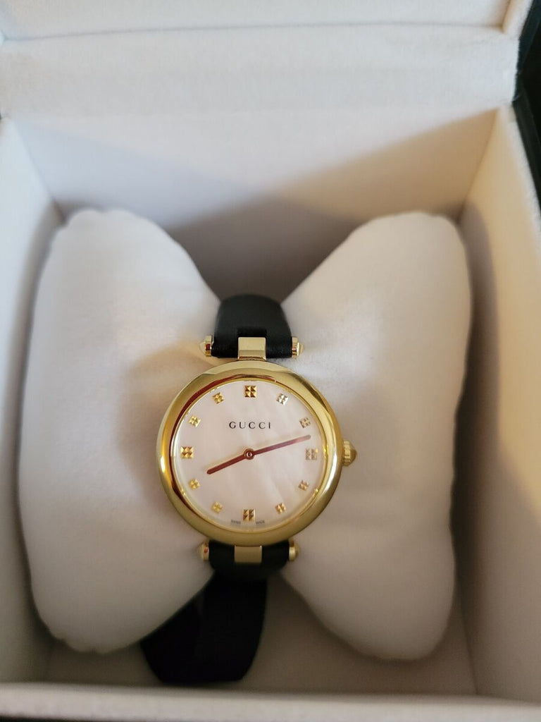 Gucci Diamantissima Quartz Mother of Pearl Dial Black Leather Strap Watch for Women - YA141404 Buy Now By Gucci