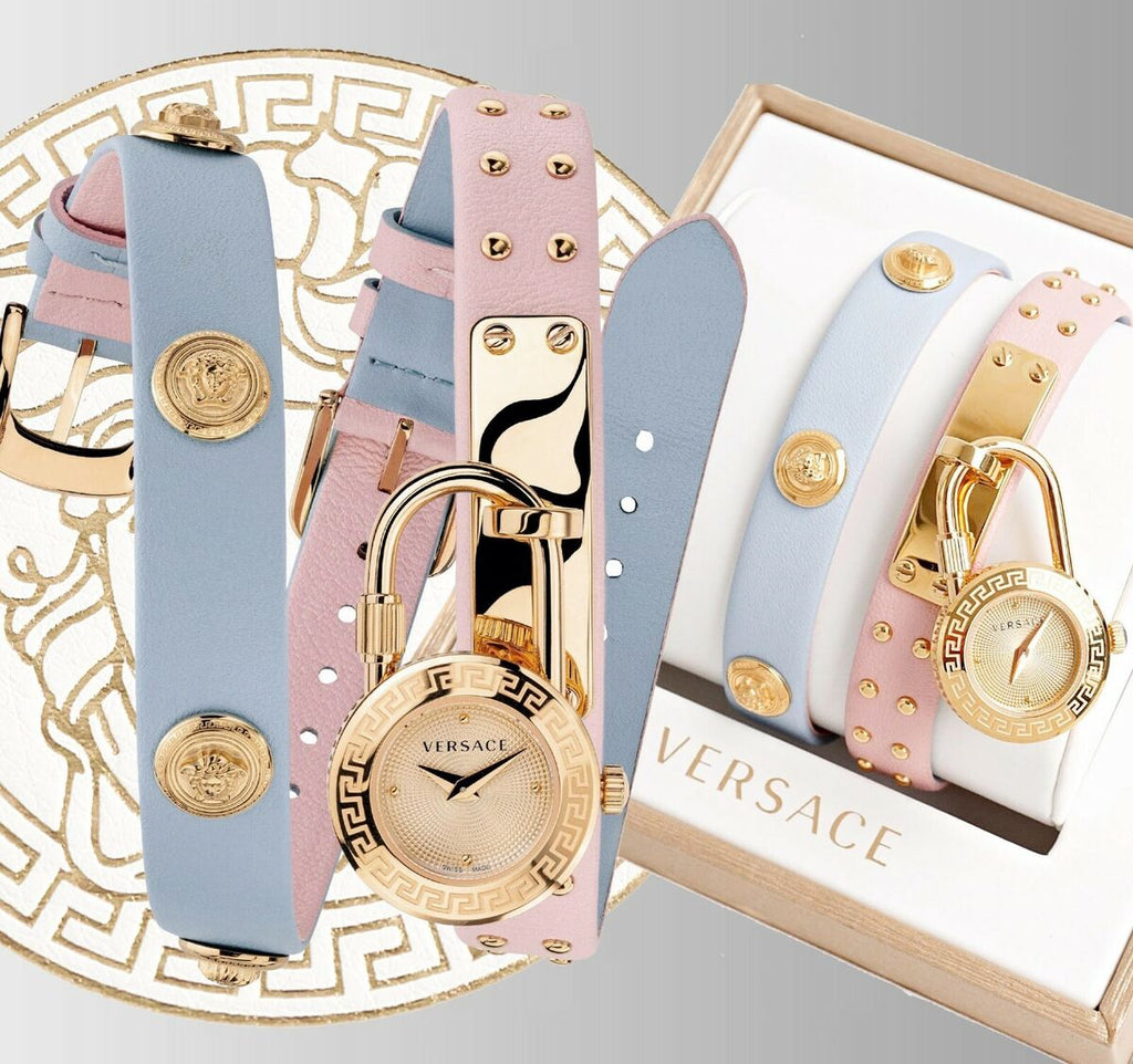 Versace Medusa Lock Icon Quartz Gold Dial Pink & Blue Leather Strap Watch For Women - VEDW00219 Buy Now By Versace