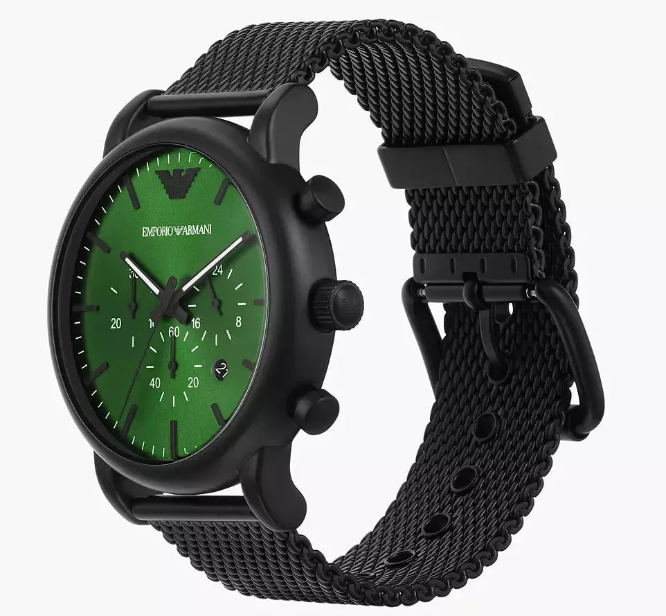 Emporio Armani Luigi Chronograph Green Dial Black Mesh Bracelet Watch For Men - AR11470 Buy Now By Emporio Armani