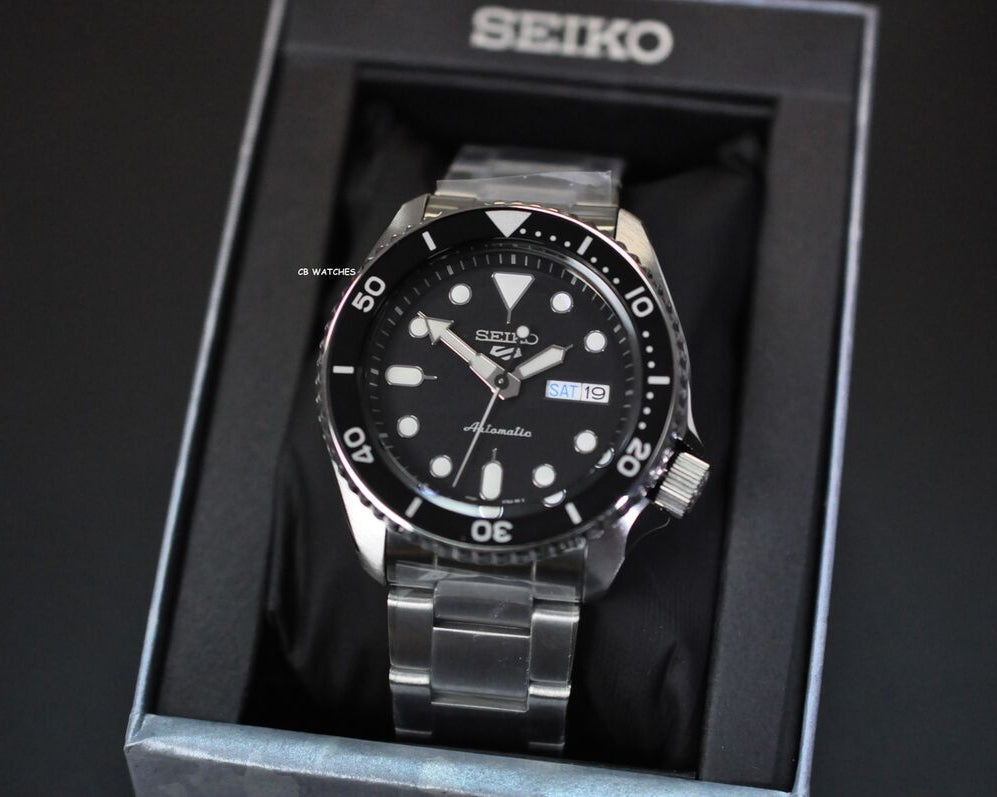 Seiko 5 Sports Automatic Day Date Black Dial Silver Steel Strap Watch for Men - SRPD55K1