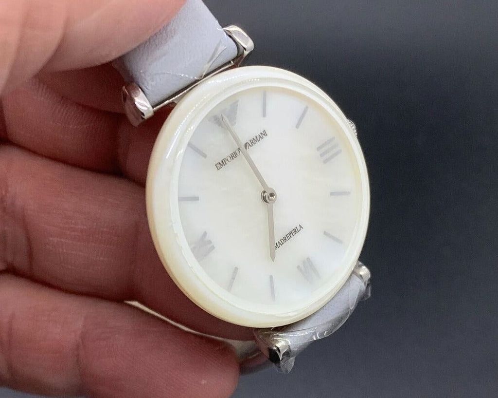 Emporio Armani Gianni T-Bar Mother Of Pearl White Dial Grey Leather Strap Watch For Women - AR11039 Buy Now By Emporio Armani