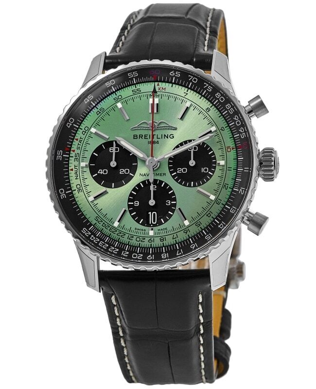 Breitling Navitimer B01 Chronograph 43 Green Dial Black Leather Strap Watch for Men - AB0138241L1P1 Buy Now By Breitling