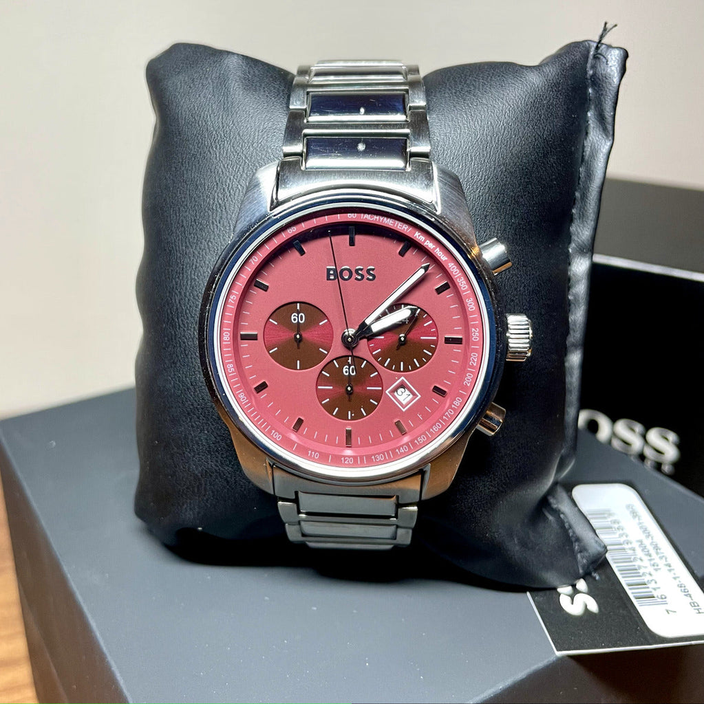 Hugo Boss Trace Chronograph Red Dial Silver Steel Strap Watch For Men - 1514004 Buy Now By Hugo Boss