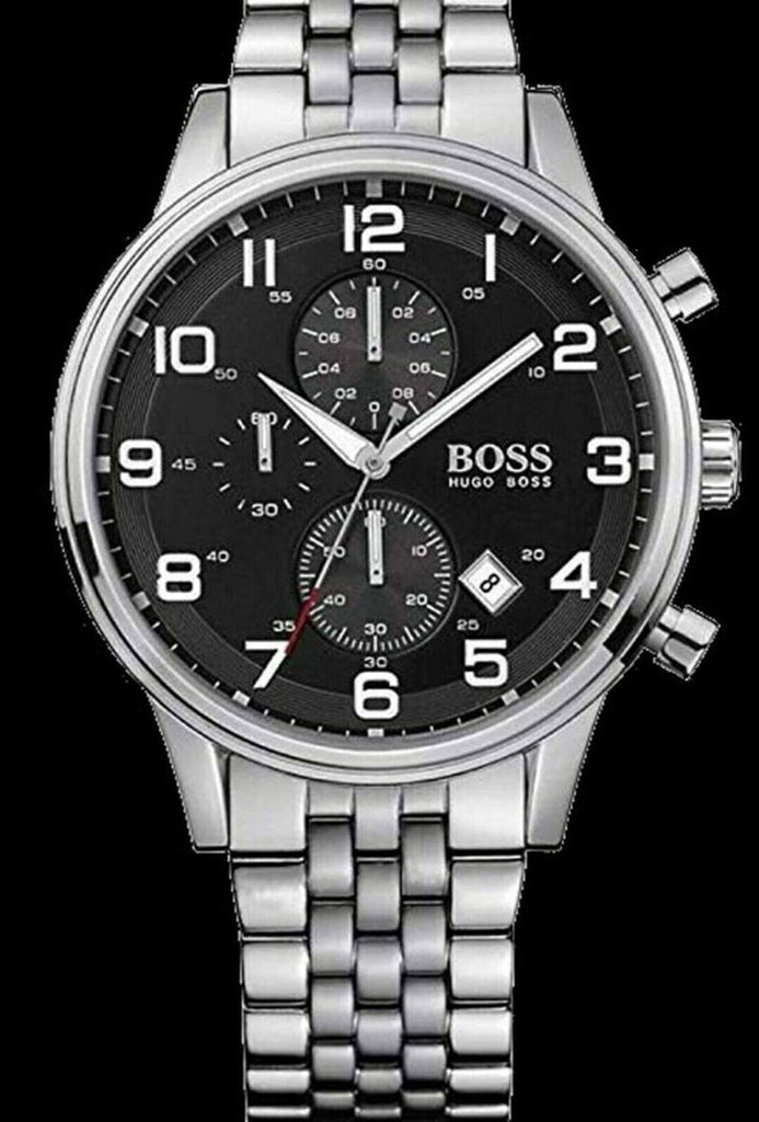 Hugo Boss Aeroliner Chronograph Quartz Black Dial Silver Steel Strap Watch For Men - HB1512446 Buy Now By Hugo Boss