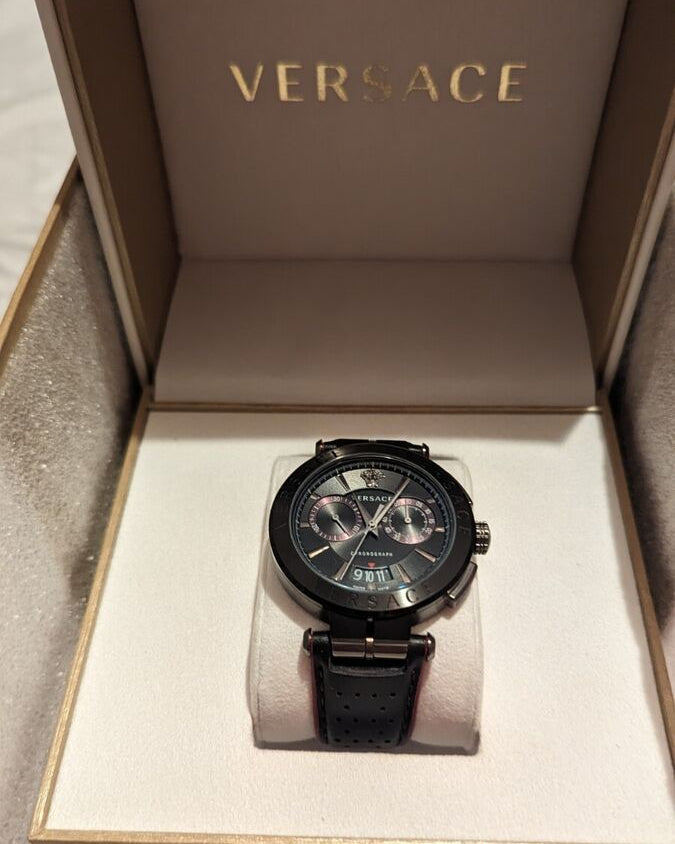 Versace V-Racer Aion Chronograph Black Dial Black Leather Strap Watch for Men - VBR030017 Buy Now By Versace
