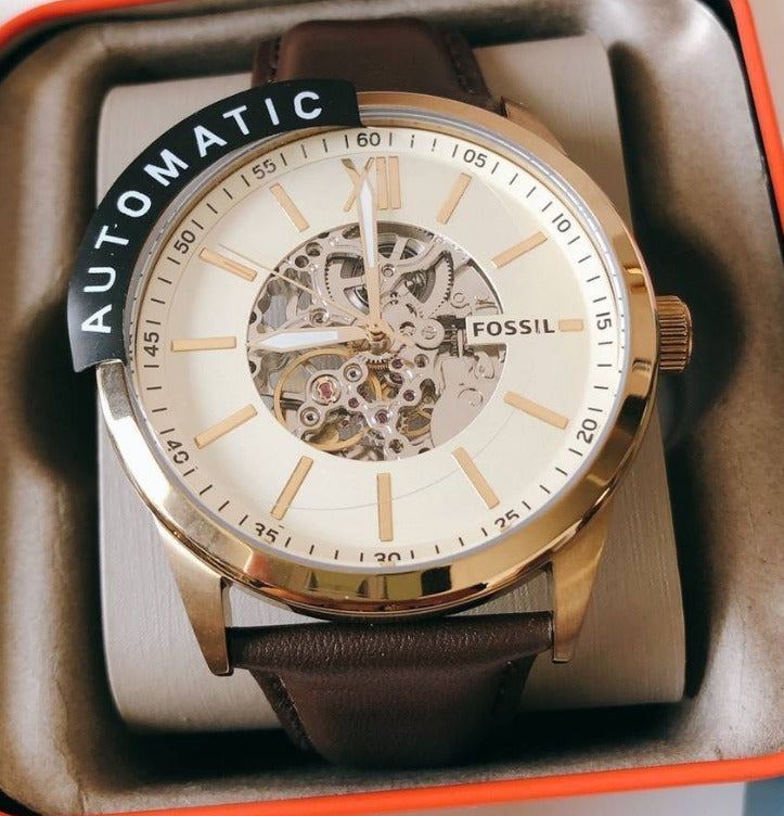 Fossil Flynn Mechanical Skeleton Beige Dial Brown Leather Strap Watch for Men - BQ2215 Buy Now By Fossil
