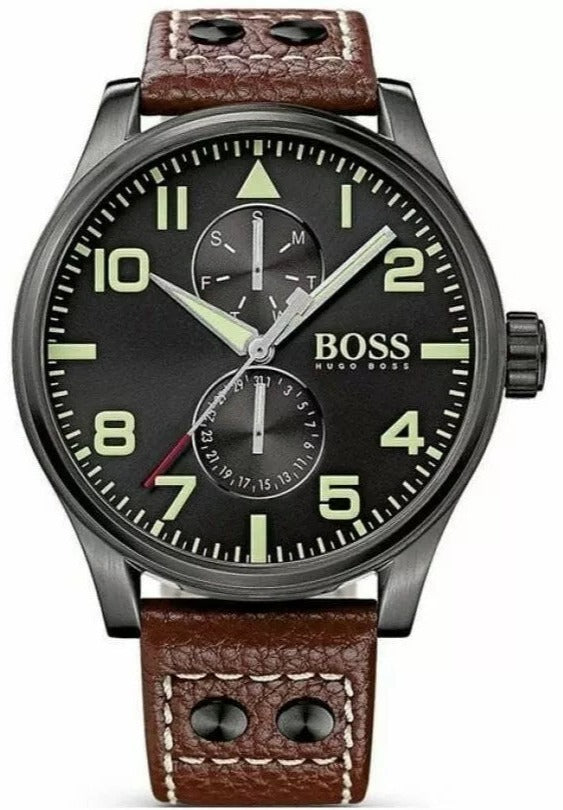 Hugo Boss Aeroliner Day Date Black Dial Brown Leather Strap Watch For Men - HB1513079 Buy Now By Hugo Boss