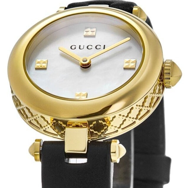 Gucci Diamantissima Mother of Pearl Dial Black Leather Strap Watch For Women - YA141505 Buy Now By Gucci