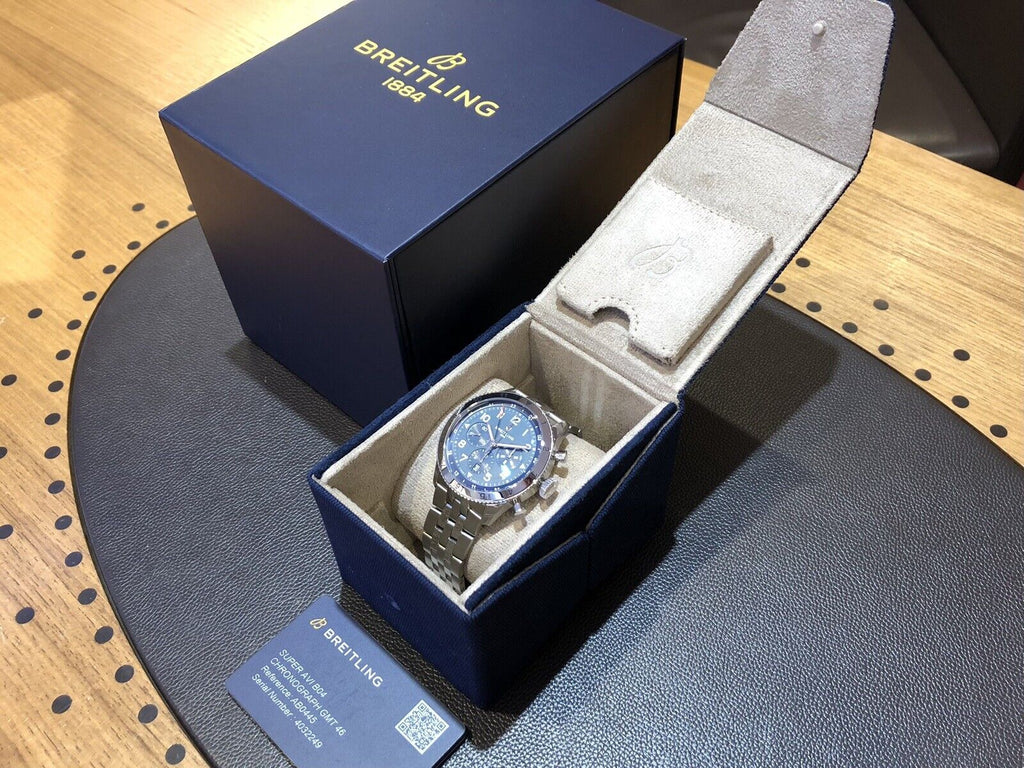 Breitling Super Avi B04 Chronograph GMT 46 Tribute to Vought F4U Corsair Blue Dial Silver Steel Strap Watch for Men - AB04451A1C1A1 Buy Now By Breitling