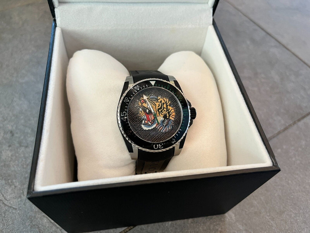 Gucci Dive Tiger Black Dial Black Rubber Strap Watch For Men - YA136318 Buy Now By Gucci