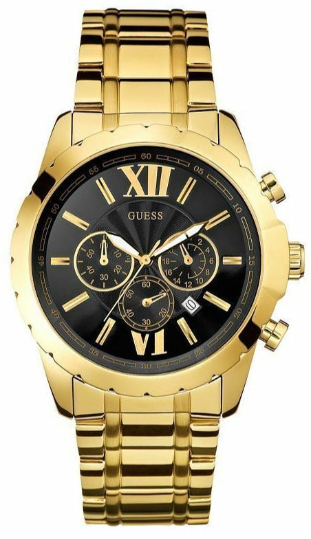 Guess Optic Multifunction Black Dial Gold Steel Strap Watch for Men - W0193G1 Buy Now By Guess