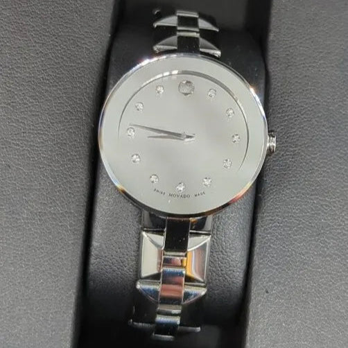 Movado Sapphire Diamonds Silver Dial Silver Steel Strap Watch For Women - 606814 Buy Now By Movado