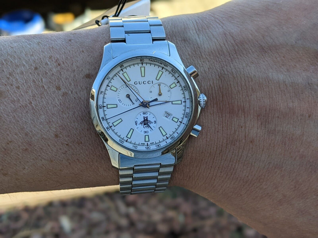 Gucci G Timeless Chronograph White Dial Silver Steel Strap Watch For Men - YA126472 Buy Now By Gucci