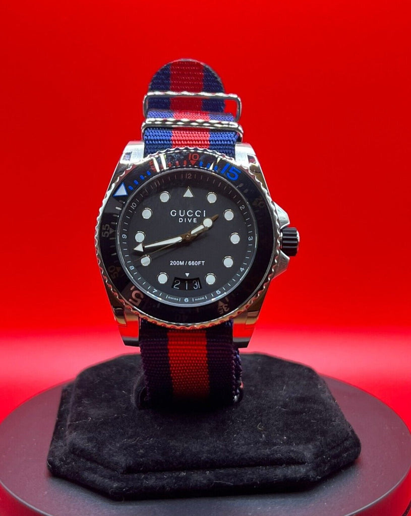 Gucci Dive Black Dial Red & Blue Nylon Strap Watch For Men - YA136210 Buy Now By Gucci