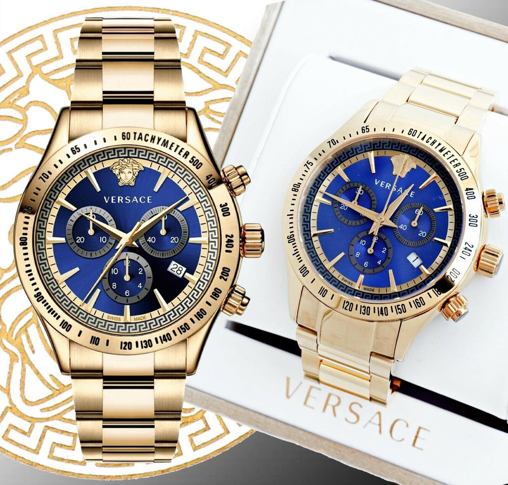 Versace Classic Chronograph Quartz Blue Dial Gold Steel Strap Watch For Men - VEV700619 Buy Now By Versace
