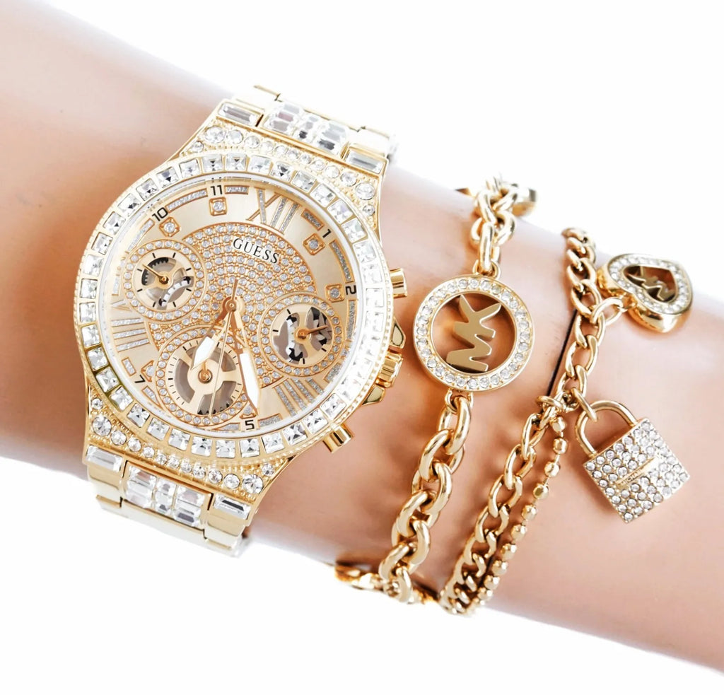 Guess Moonlight Multi Function Diamonds Gold Dial Gold Steel Strap Watch for Women - GW0320L2 Buy Now By Guess