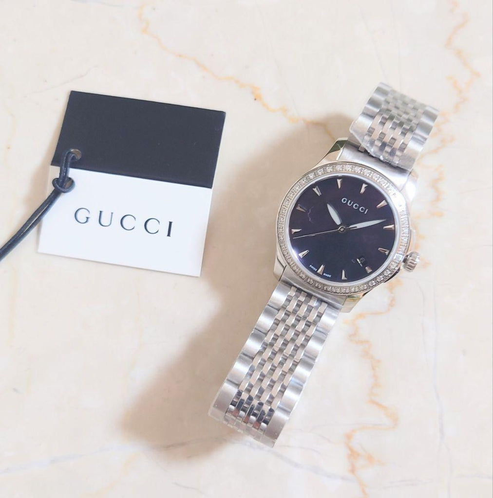 Gucci G Timeless Diamonds Mother of Pearl Black Dial Silver Mesh Bracelet Watch For Women - YA126507 Buy Now By Gucci