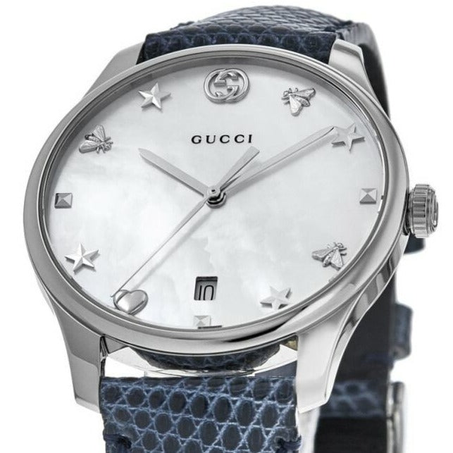Gucci G-Timeless Signature Mother of Pearl Silver Dial Blue Leather Strap Watch For Women - YA1264049 Buy Now By Gucci