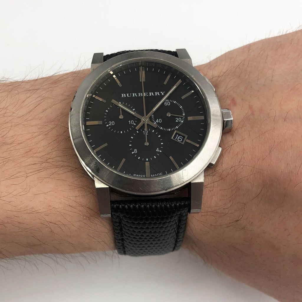 Burberry The City Chronograph Black Dial Black Leather Strap Watch for Men - BU9356 Buy Now By Burberry