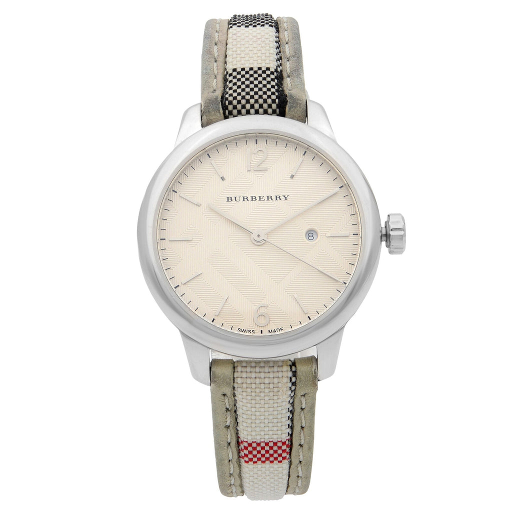 Burberry The Classic Guilloche Silver Dial Grey Leather Strap Watch for Women - BU10113 Buy Now By Burberry