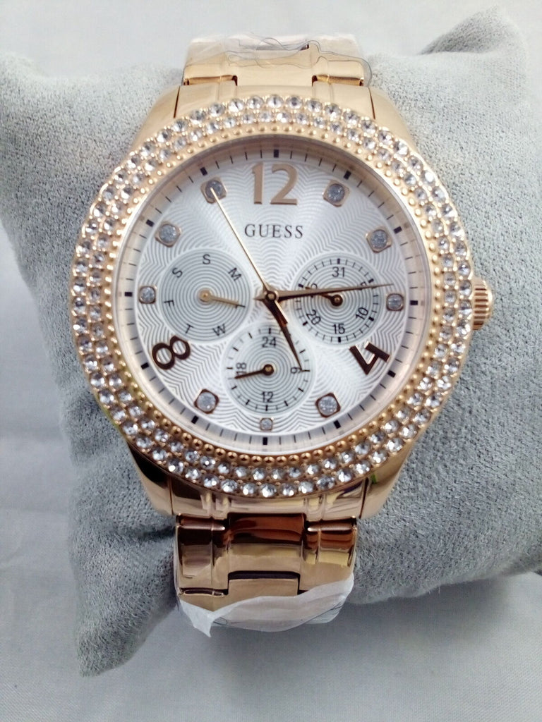 Guess Bedazzle Diamonds Silver Dial Rose Gold Steel Strap Watch For Women - W1097L3 Buy Now By Guess