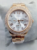 Guess Bedazzle Diamonds Silver Dial Rose Gold Steel Strap Watch For Women - W1097L3 Buy Now By Guess