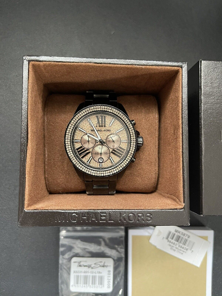 Michael Kors Wren Chronograph Gold Diamonds Dial Black Steel Strap Watch for Women - MK5879 Buy Now By Michael Kors