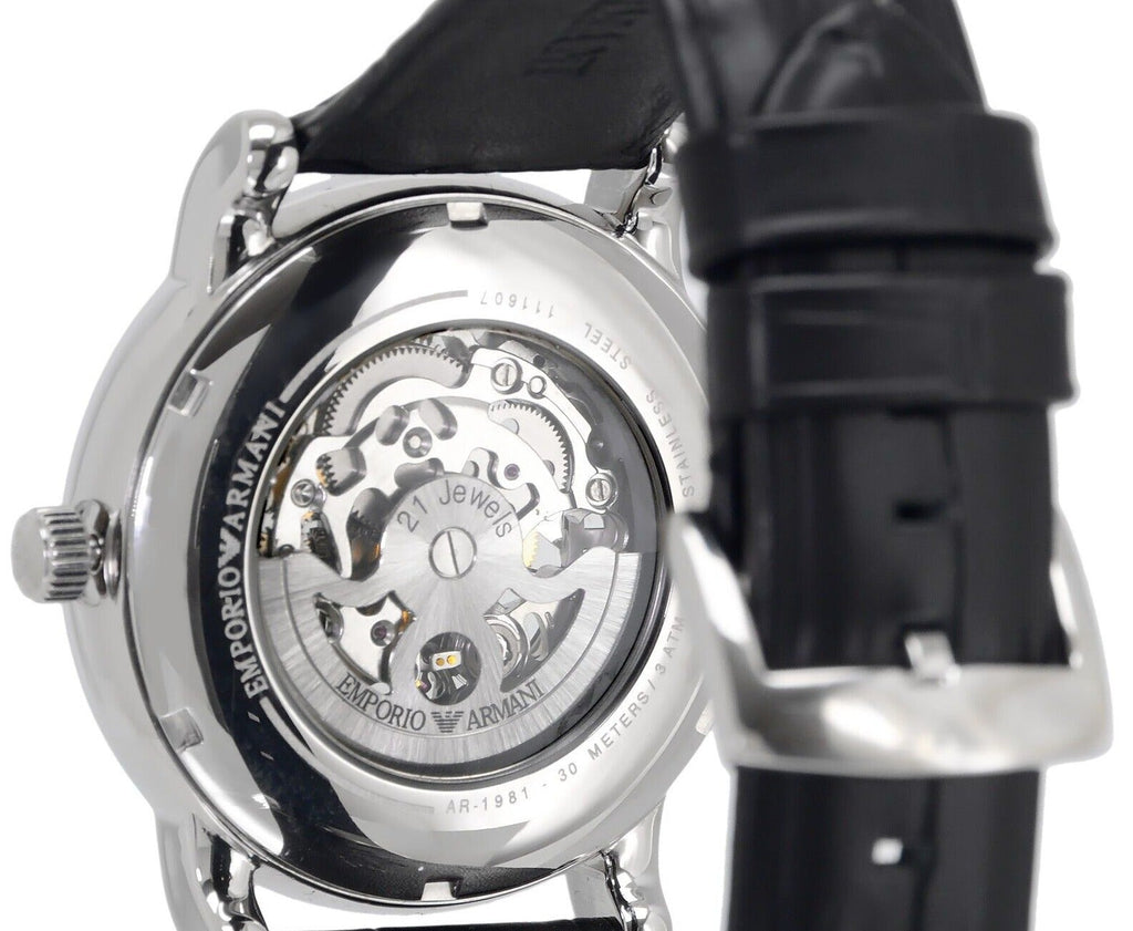 Emporio Armani Luigi Silver Skeleton Dial Black Leather Strap Watch For Men - AR1981 Buy Now By Emporio Armani