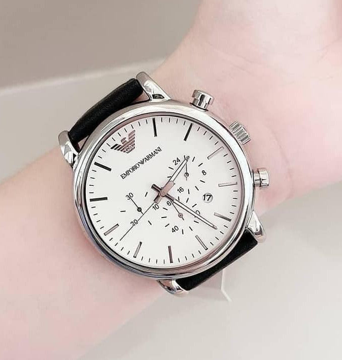 Emporio Armani Classic Quartz Chronograph White Dial Black Leather Strap Watch For Men - AR1807 Buy Now By Emporio Armani