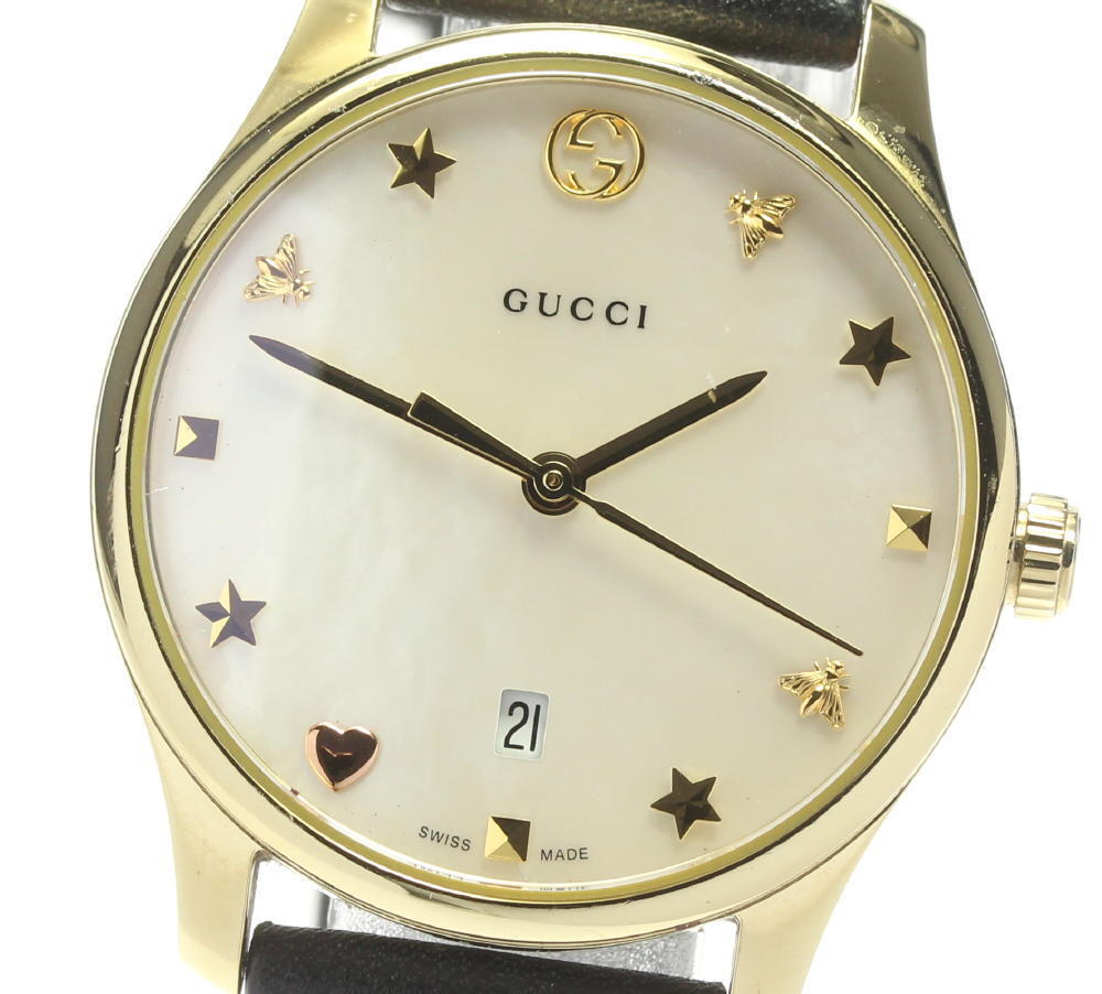 Gucci G-Timeless Mother of Pearl Dial Black Leather Strap Watch For Women - YA126589 Buy Now By Gucci