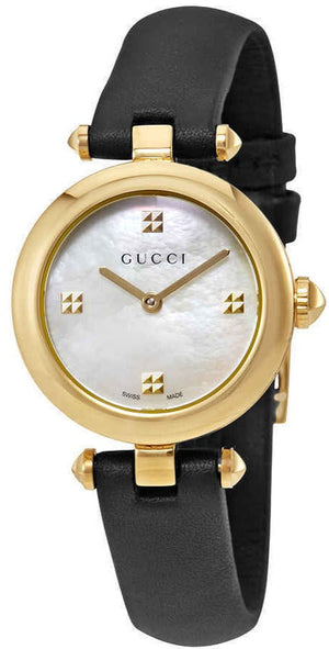 Gucci Diamantissima Mother of Pearl Dial Black Leather Strap Watch For Women - YA141505 Buy Now By Gucci