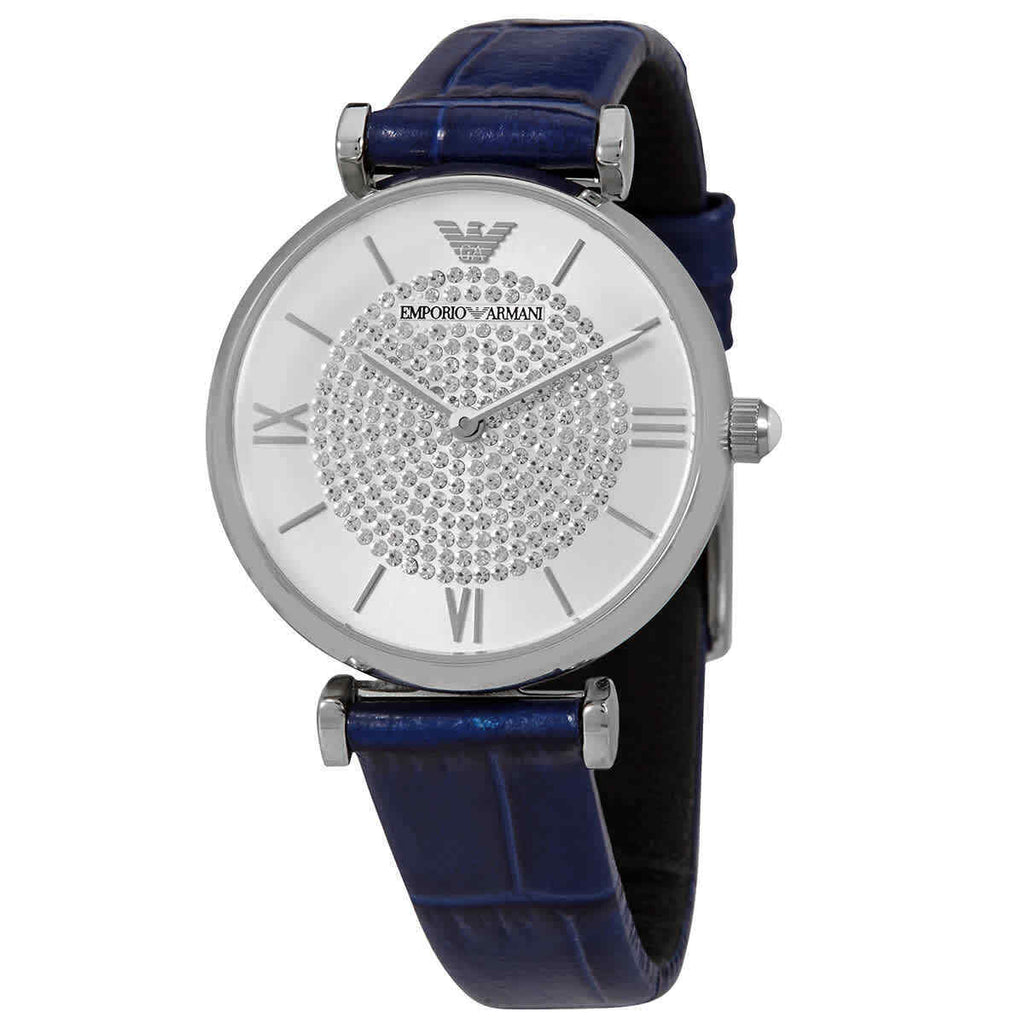 Emporio Armani Gianni T Bar Quartz Crystals Silver Dial Blue Leather Strap Watch For Women - AR11344 Buy Now By Emporio Armani