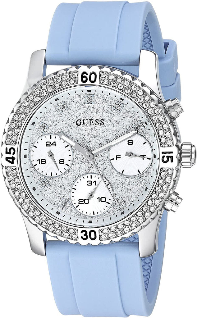 Guess Confetti Crystal Silver Dial Blue Rubber Strap Watch For Women - W1098L3 Buy Now By Guess