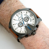Diesel Mega Chief Chronograph White Dial Brown Leather Strap Watch For Men - DZ4280 Buy Now By Diesel