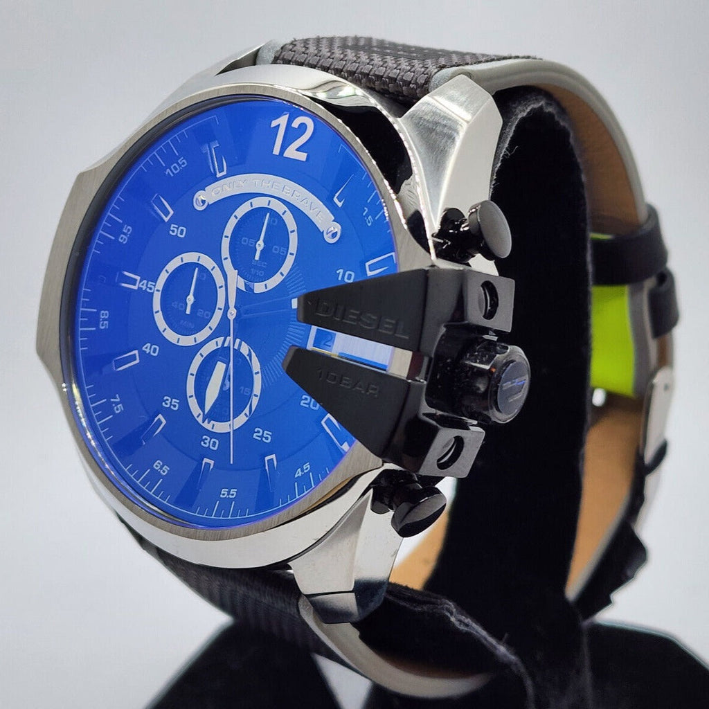 Diesel Mega Chief Quartz Black Dial Grey Leather Strap Watch For Men - DZ4523